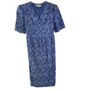 Vintage Zoomers 16 Blue Floral SS Pearl Button Vneck Back Tie US Made Midi Dress